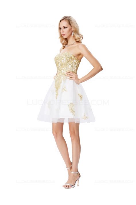 Short White Gold Lace Appliques Prom Dresses Party Evening