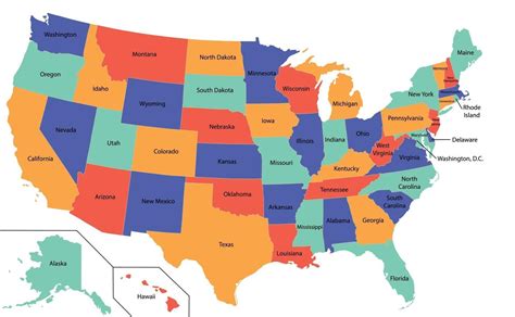 mapa de estados unidos de alto detalle con diferentes colores para cada