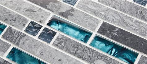 Gray Marble Backsplash Tiles Sea Glass Blue Wave Patterns