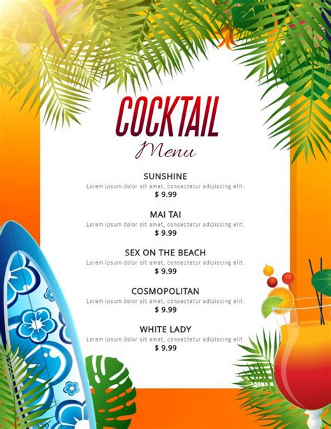 luau party bar menu template cocktail menu menu template menu