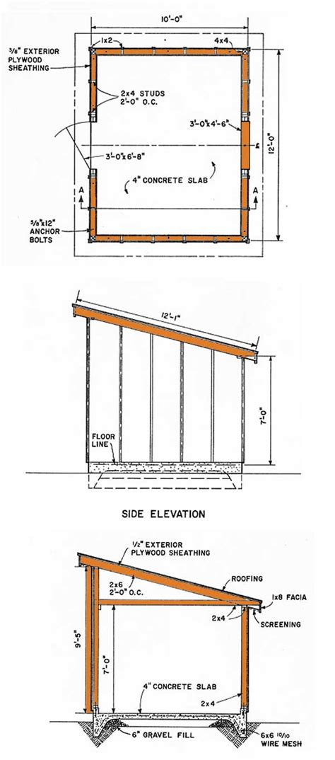 lean  storage shed plans diagrams   slant