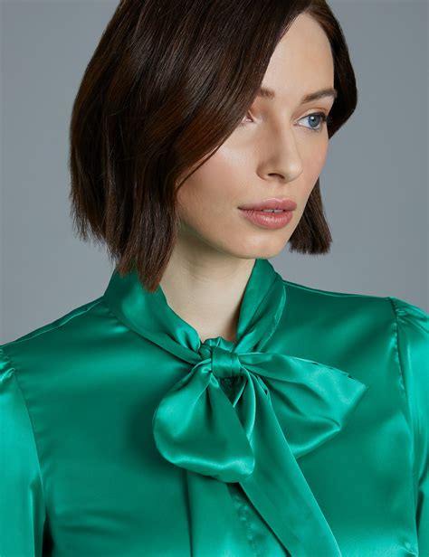 women s green satin fitted shirt single cuff pussy bow hawes and curtis