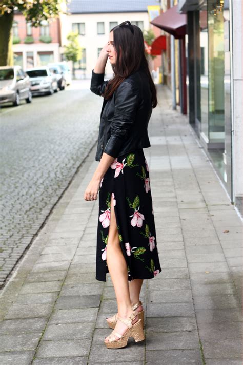 floral dress leather jacket and gold wedges the styling dutchman
