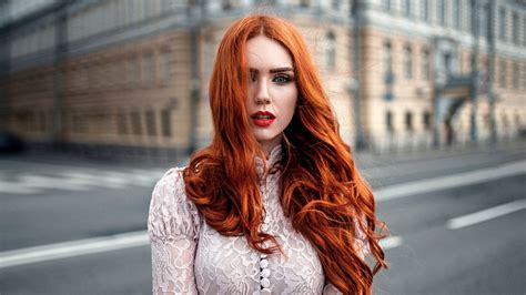 wallpaper women outdoors redhead model street long hair blue