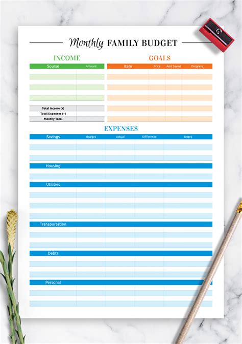 printable colored family budget template