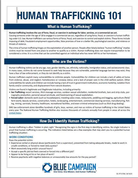 Human Trafficking 101 Information Sheet Homeland Security