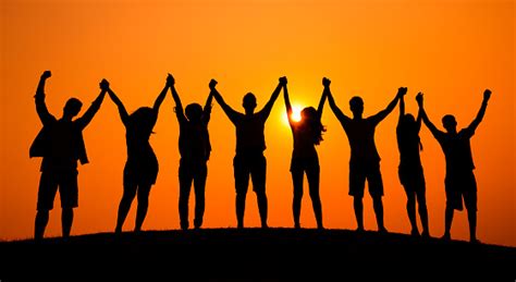 group  people celebration cheerful sunset concept stock photo