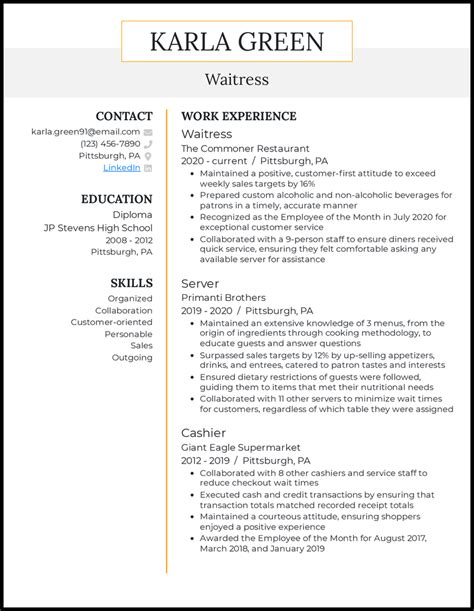 waitress resume examples proven  work