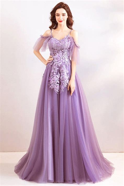 classy dusty purple long tulle prom dress with flowers