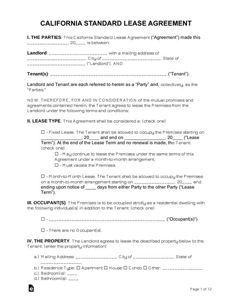 california standard residential lease agreement template word