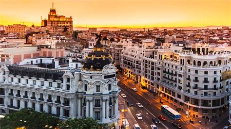 city cityscape sunset road car architecture madrid spain europe street urban building