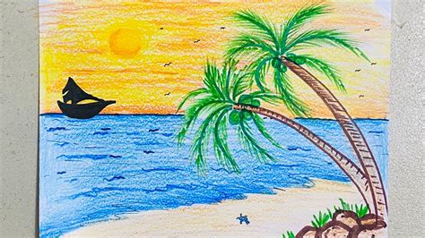 simple easy scenery drawing  kids steps beach peaceful sun set scene