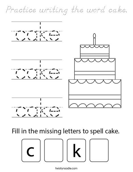 practice writing  word cake coloring page dnealian twisty noodle