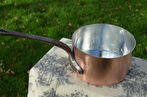 mm french antique copper pot  villedieu tin cm   wagons lits saucepan saute pan