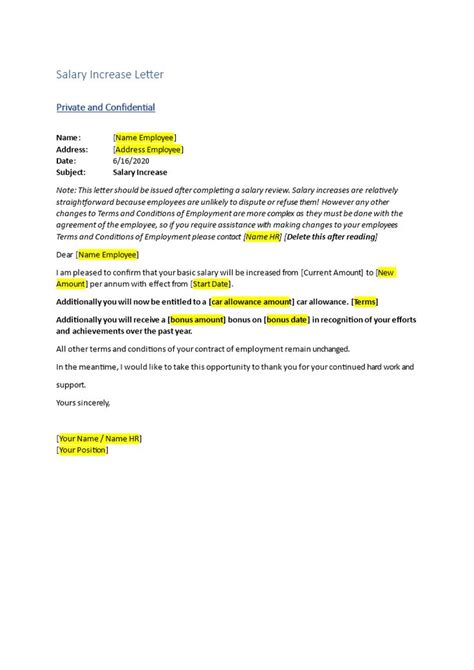 write  salary increase letter including  word template