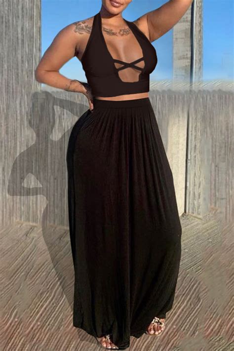 black sexy casual solid hollowed out backless halter sleeveless two