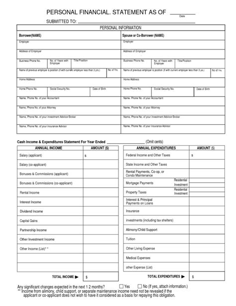 printable personal financial statement template    blank