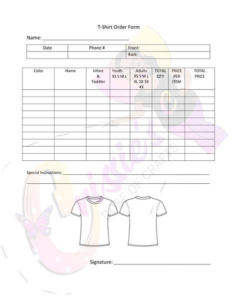 printable  shirt order form template