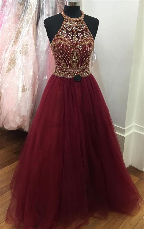 Gorgeous Beaded Burgundy Prom Dress Tulle Halter Pageant Gown Formal