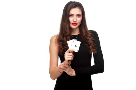 Premium Photo Sexy Curly Hair Brunette Posing With Two Aces Cards In