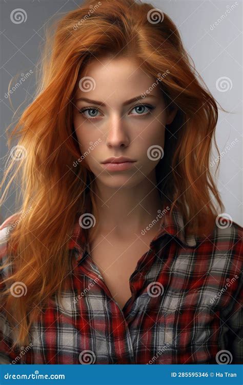 portrait of a beautiful redhead woman in a checkered shirt stock