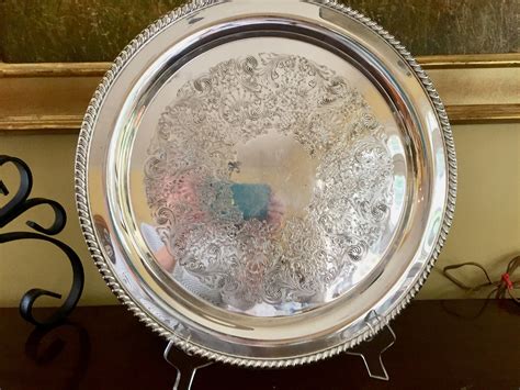 silver tray vintage silver plate   serving tray embossed design large barware tray