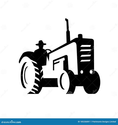 organic farmer driving vintage farm tractor silhouette retro monochrome