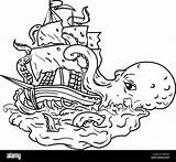 Kraken Ship Monster Attacking Sea Sailing Giant Cephalopod Legendary Tentacles Tumultuous Doodle Alamy Illustration Its Vector sketch template