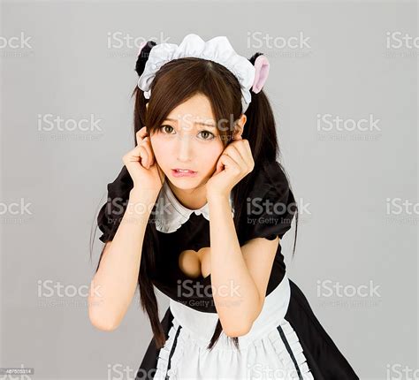 Cute Girl Maid In White Background Japanese Style Show Breast Stock