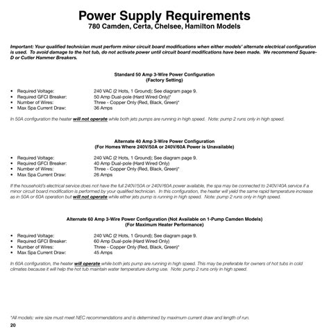 power supply requirements  camden certa chelsee hamilton models sundance spas