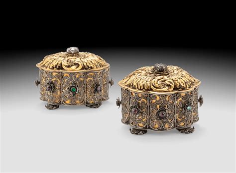 pair  silver gilt  silver filigree toilet boxes  covers