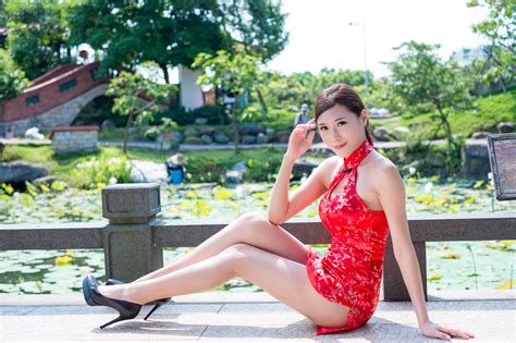 Wallpaper Model Brunette Long Hair Asian Women Outdoors Red