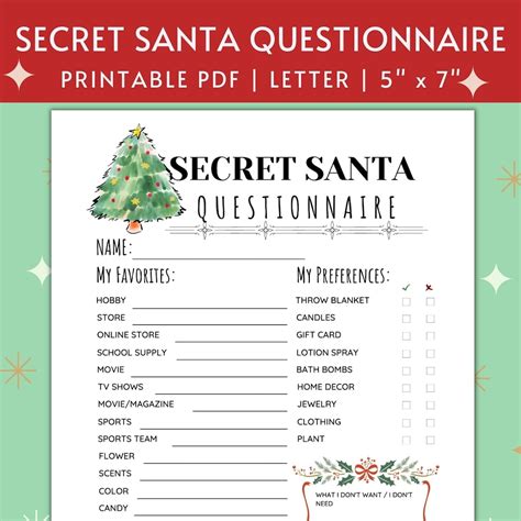 printable secret santa questionnaire  christmas gift exchange