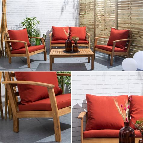 salon de jardin en bois  places ushuaia coussins terracotta canape fauteuils  table
