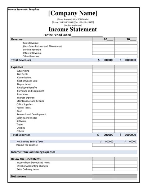printable income statement templates excel word