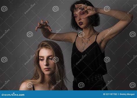 Couple Of Caucasian Lesbian Girls Playing Together With Bright Makeup