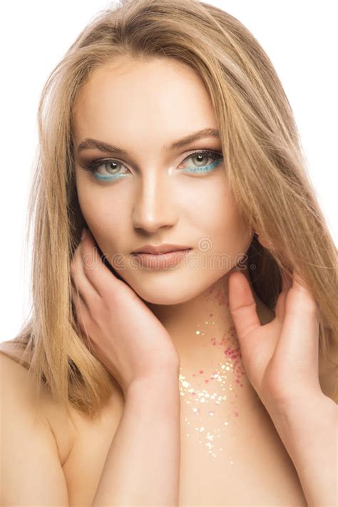 Glamorous Young Woman With Perfect Makeup And Glitter On Her Neck