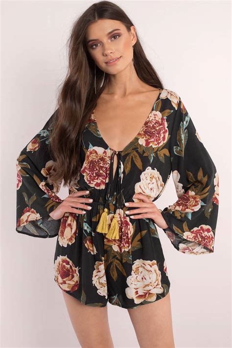 rompers white romper cute black floral sexy long sleeve tobi