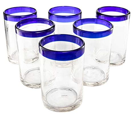 hand blown mexican drinking glasses set of 6 glasses with cobalt blue