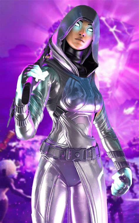 woman dressed  silver  black standing    purple background  stars
