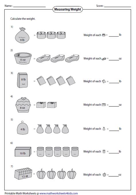 weight math worksheets  grade