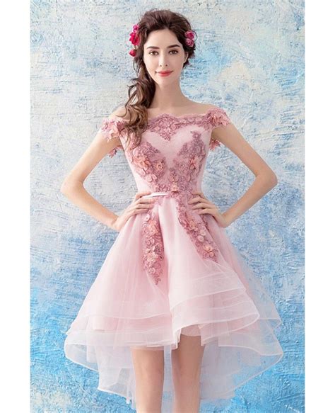 cute pink tulle lace high low prom dress short off