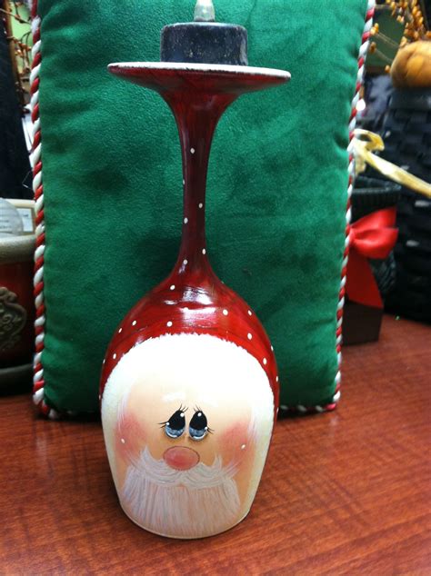 Hand Painted Santa Wine Glass Candle Holder Created And Sold By Rosi S