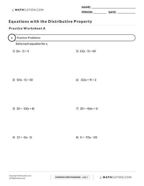 solving equations  distributive property worksheet