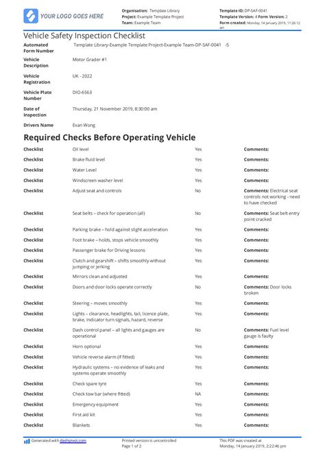 vehicle safety inspection checklist template   customisable