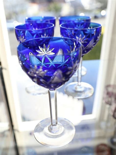 Five Val St Lambert Cobalt Blue Cut To Clear Crystal Wine Glasses