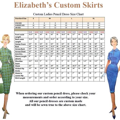 ladies pencil dresspencil skirt standard size chart  europe uk elizabeths custom skirts