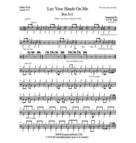 Bon Jovi Lay Your Hands On Me Drum Score Drum Sheet Drum Note Drum