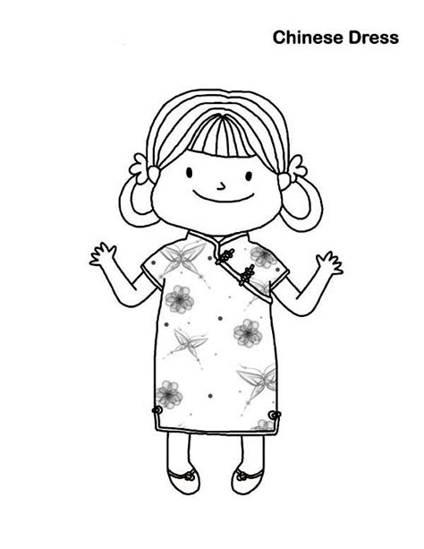 girl wearing chinese dress  chinese symbols coloring page