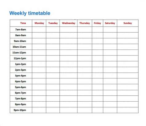 timetable templates excel  formats